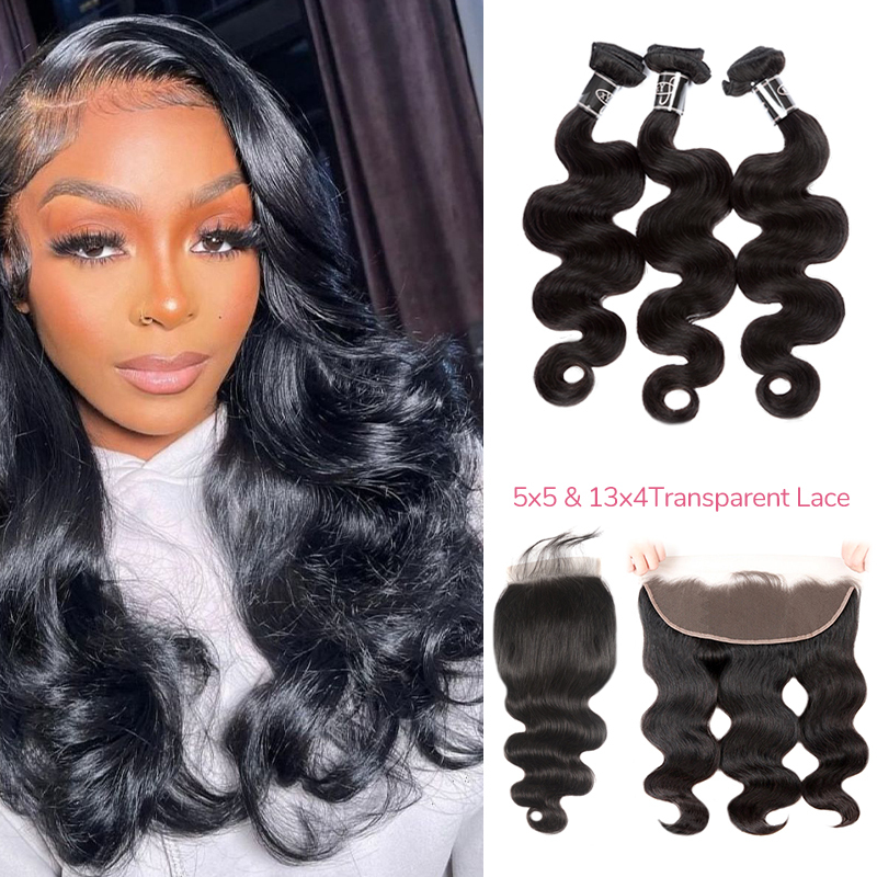 XYS Hair 5x5/13x4 Transparent Lace Closure/ Frontal with 3 Bundles Human Hair (Straight/ Body Wave)