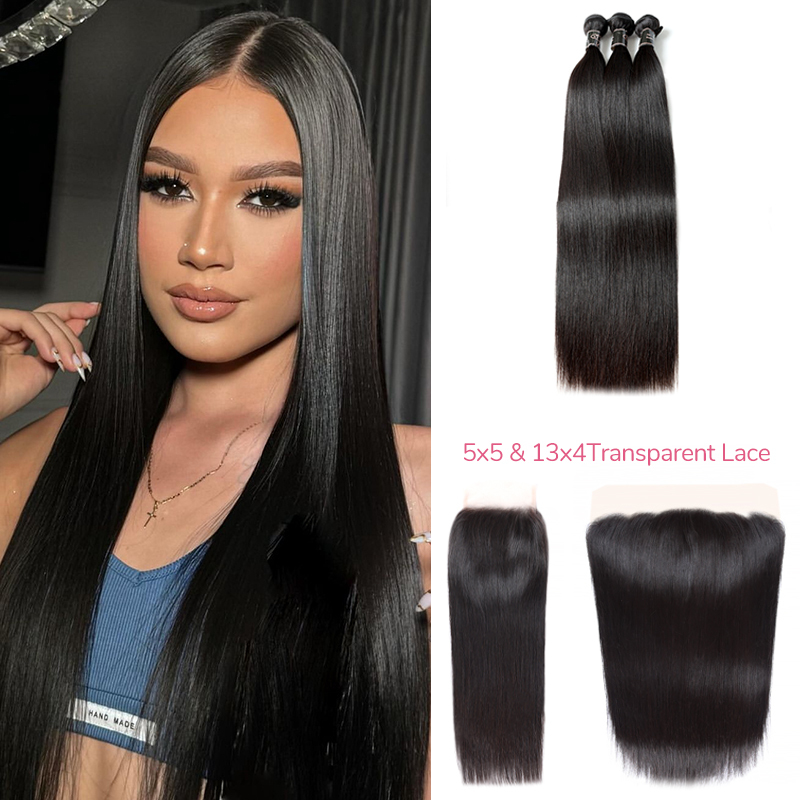 XYS Hair 5x5/13x4 Transparent Lace Closure/ Frontal with 3 Bundles Human Hair (Straight/ Body Wave)