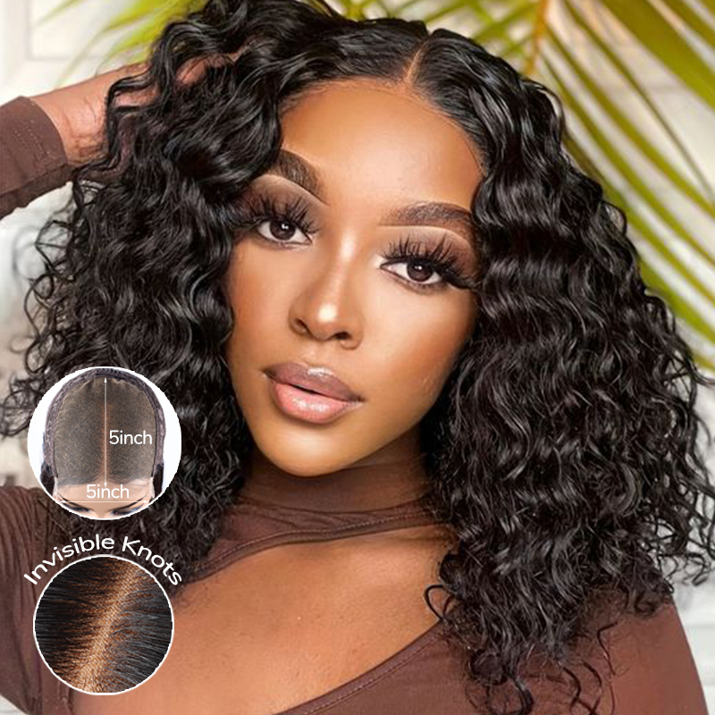 XYS Hair Bob Water Wave Human Hair 5x5 Pre-Bleached Lace Wig Invisible Knots