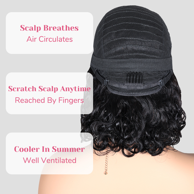XYS Hair Water Wave Natural Black Bob Wig with Bangs Breathable Cap