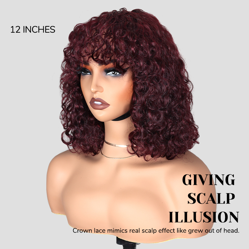 XYS Hair Beginner Friendly Water Wave 99J Short Curly Wig with Bangs