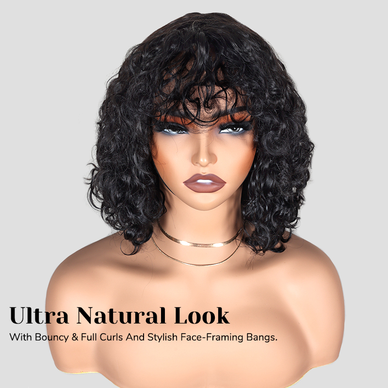 XYS Hair Water Wave Natural Black Bob Wig with Bangs Breathable Cap