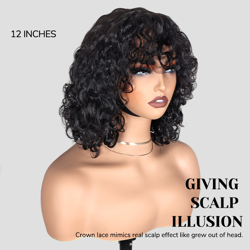 XYS Hair Water Wave Natural Black Bob Wig with Bangs Breathable Cap