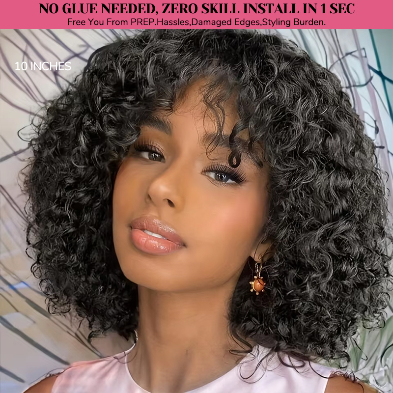 XYS Hair Water Wave Natural Black Bob Wig with Bangs Breathable Cap