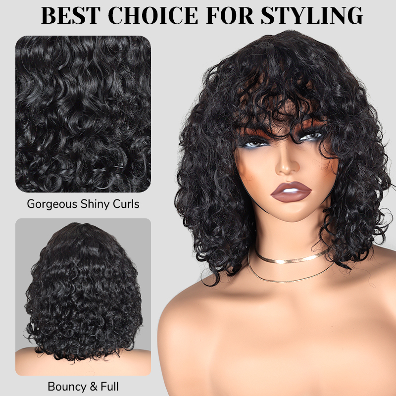 XYS Hair Water Wave Natural Black Bob Wig with Bangs Breathable Cap