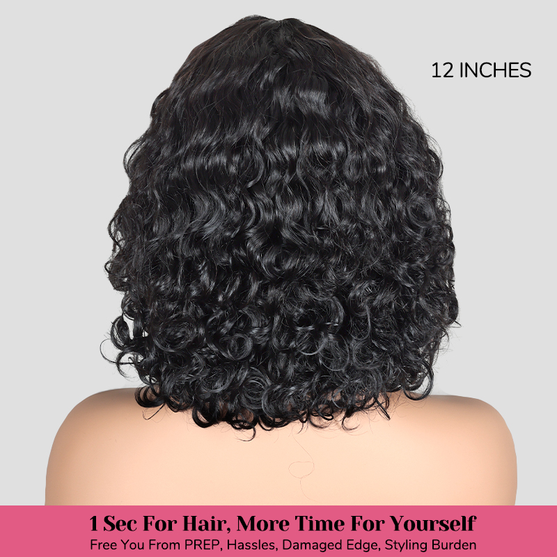 XYS Hair Water Wave Natural Black Bob Wig with Bangs Breathable Cap