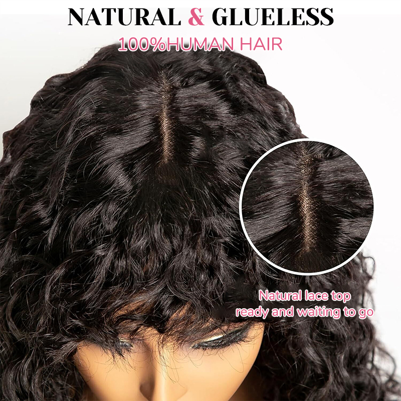 XYS Hair Water Wave Natural Black Bob Wig with Bangs Breathable Cap