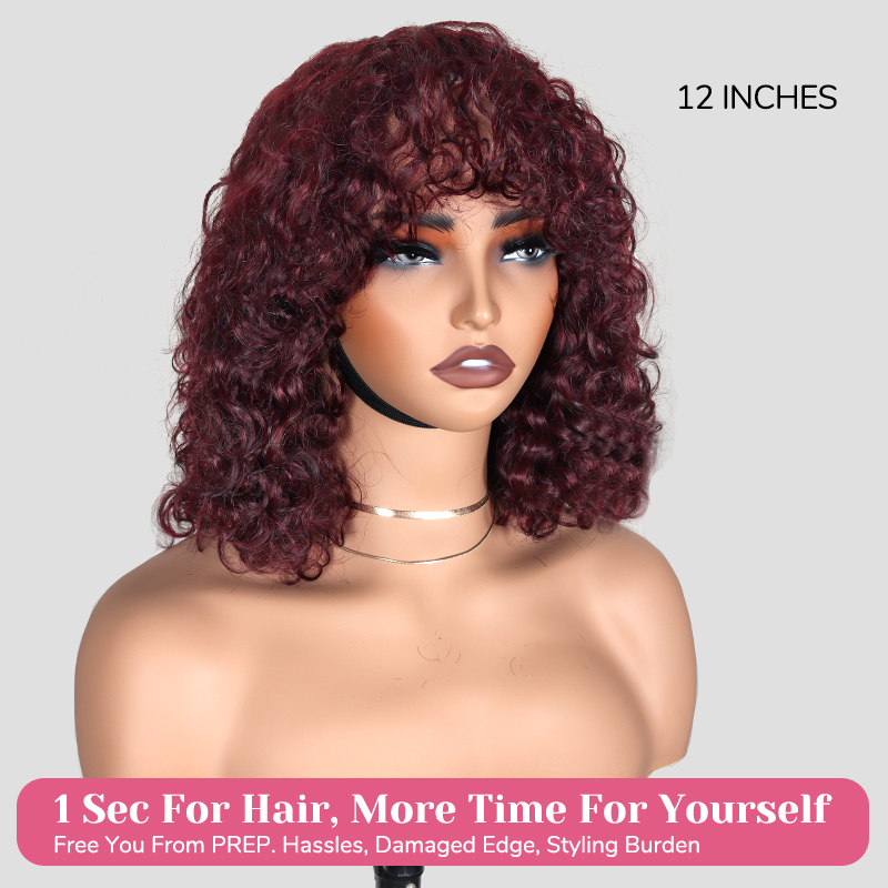 XYS Hair Beginner Friendly Water Wave 99J Short Curly Wig with Bangs