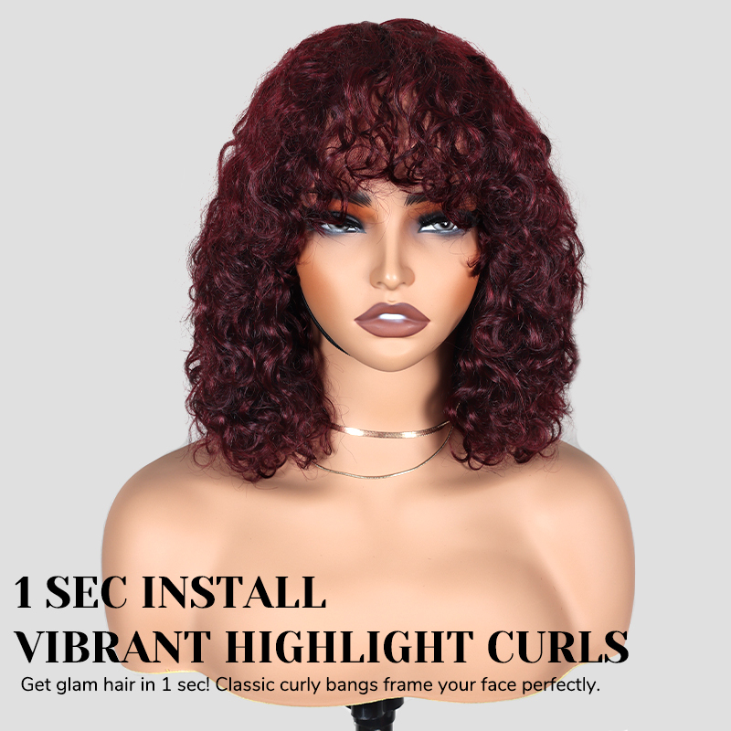 XYS Hair Beginner Friendly Water Wave 99J Short Curly Wig with Bangs