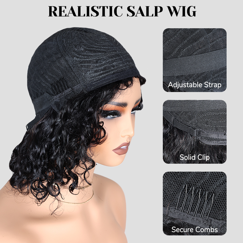 XYS Hair Water Wave Natural Black Bob Wig with Bangs Breathable Cap