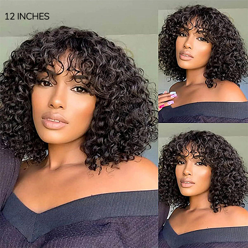XYS Hair Water Wave Natural Black Bob Wig with Bangs Breathable Cap