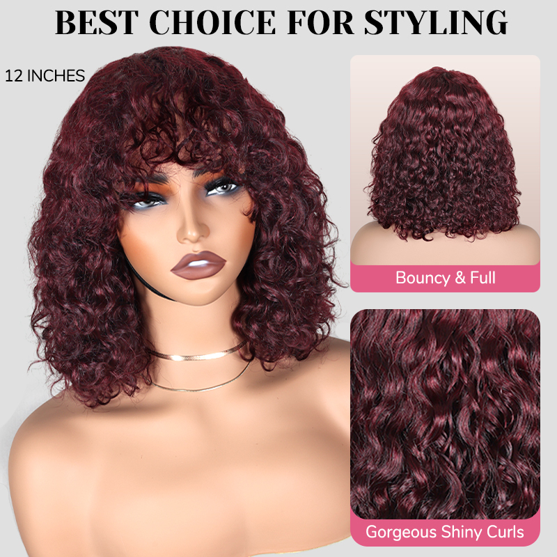 XYS Hair Beginner Friendly Water Wave 99J Short Curly Wig with Bangs