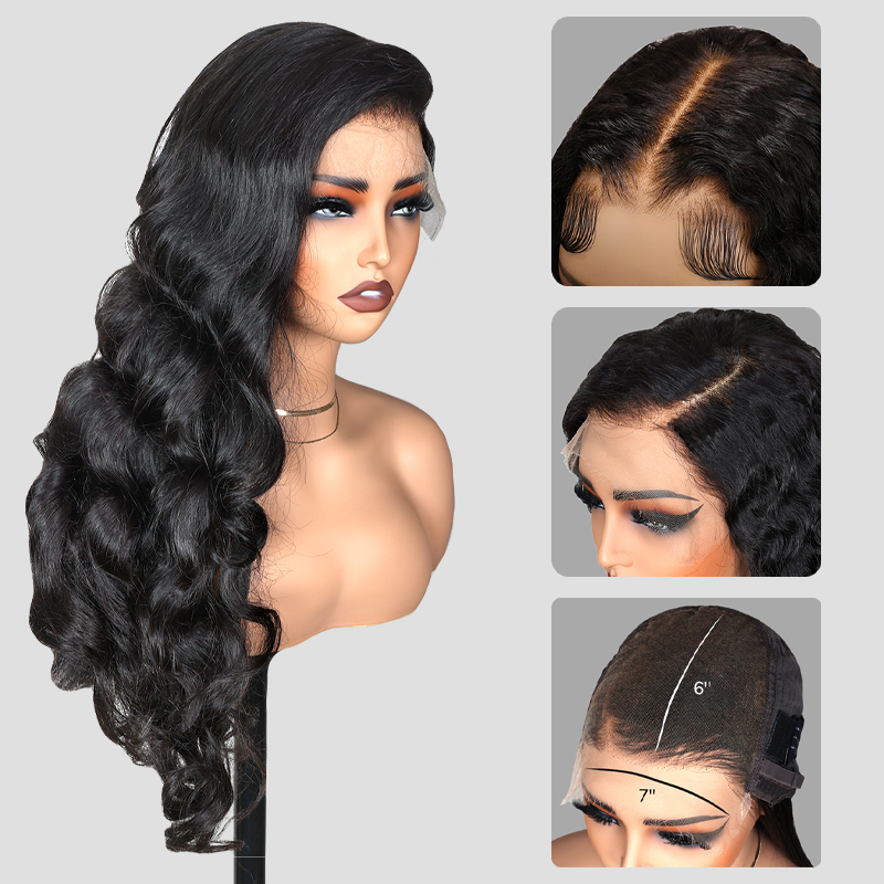 XYS Hair 7x6 HD Lace Closure Wigs Loose Body Wave Hair Black Human Hair Wigs 180% Density