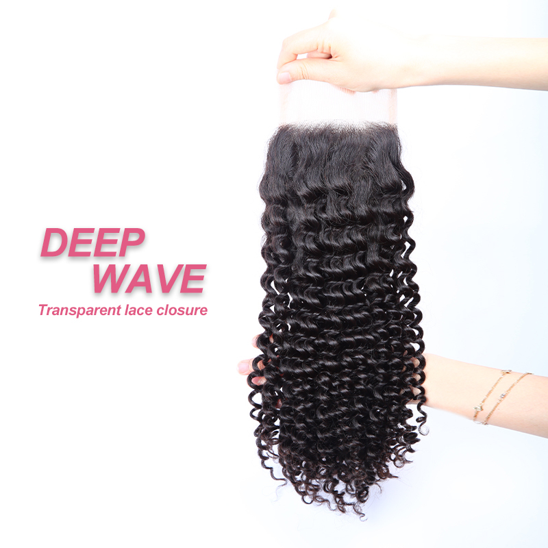 XYS Hair Deep Wave Virgin Hair 4x4 Transparent Lace Closure Natural Black Color