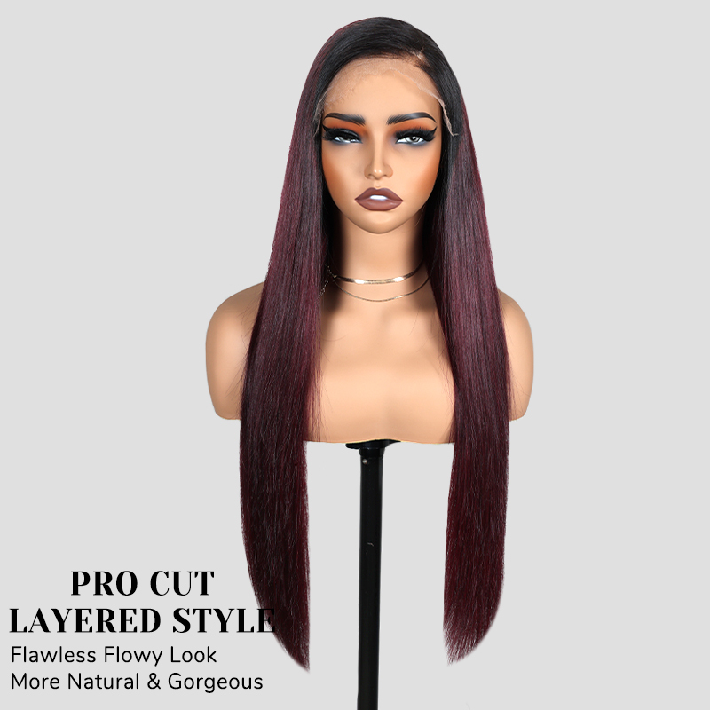 XYS Hair 7x6 Graceful Burgundy 99J Black Roots Straight Glueless Wig