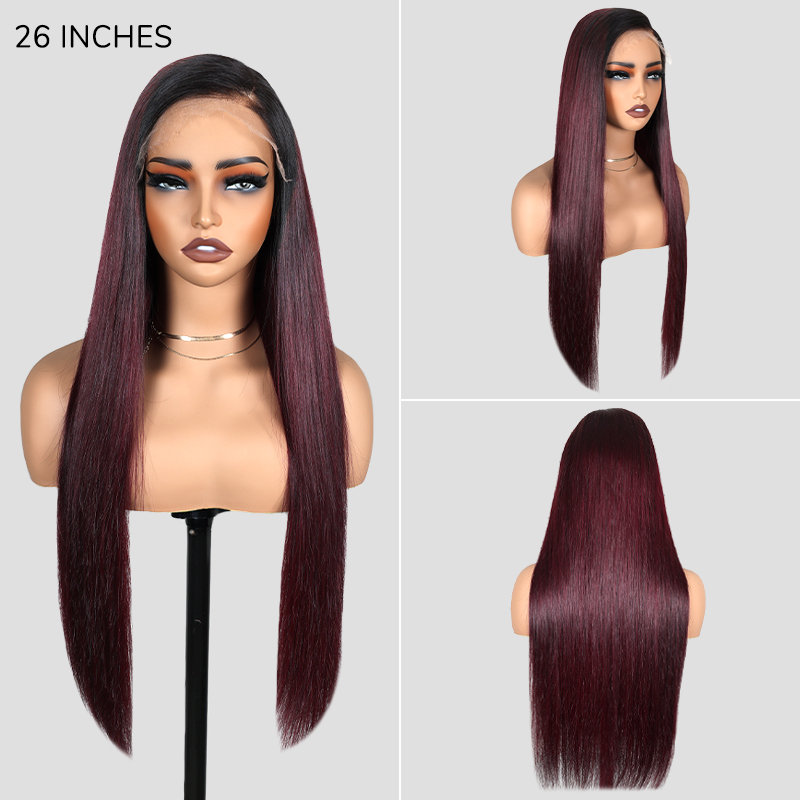 XYS Hair 7x6 Graceful Burgundy 99J Black Roots Straight Glueless Wig
