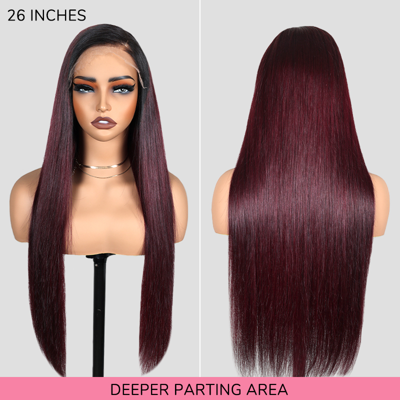XYS Hair 7x6 Graceful Burgundy 99J Black Roots Straight Glueless Wig