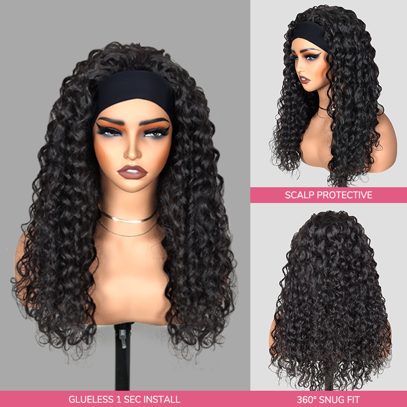 XYS Hair Water Wave Headband Wig Glueless Human Hair Wig