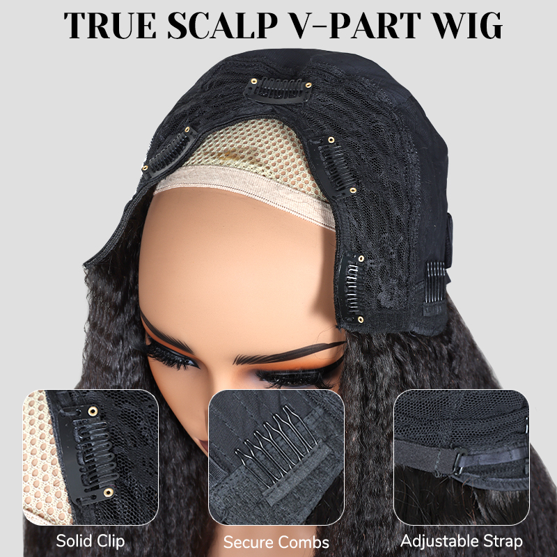 XYS Hair Kinky Straight V Part Beginner Friendly Natural Color Wig Glueless Wig