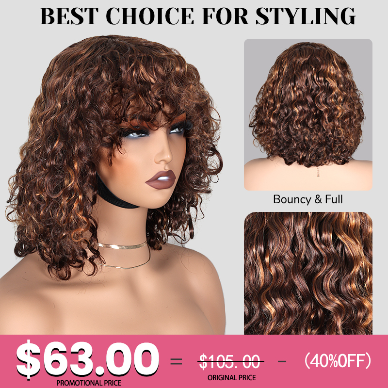 XYS Hair Highlight 4/27 Water Wave Natural Scalp Short Bob Wig with Bangs