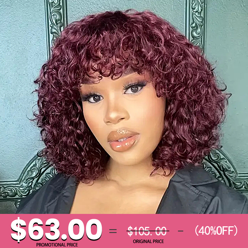 XYS Hair Beginner Friendly Water Wave 99J Short Curly Wig with Bangs