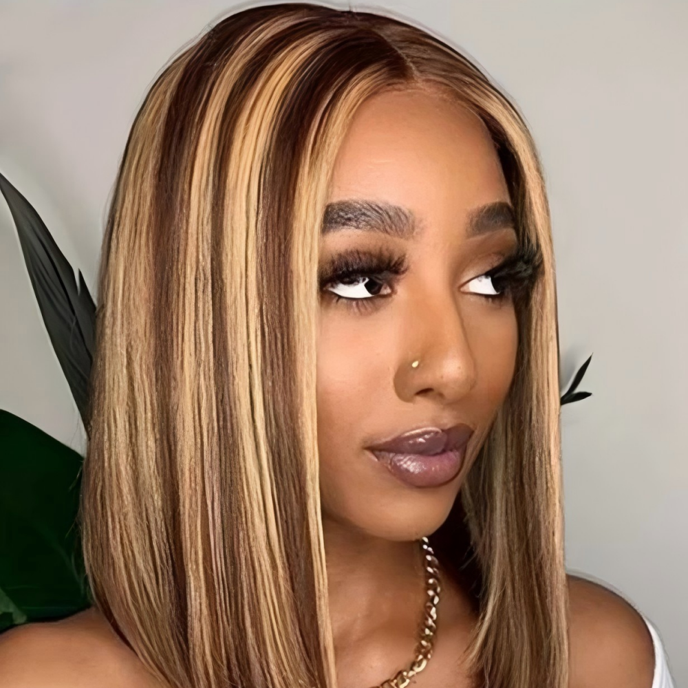 XYS Hair Highlight Straight Bob Wigs With Lace Frontal Colored Wig