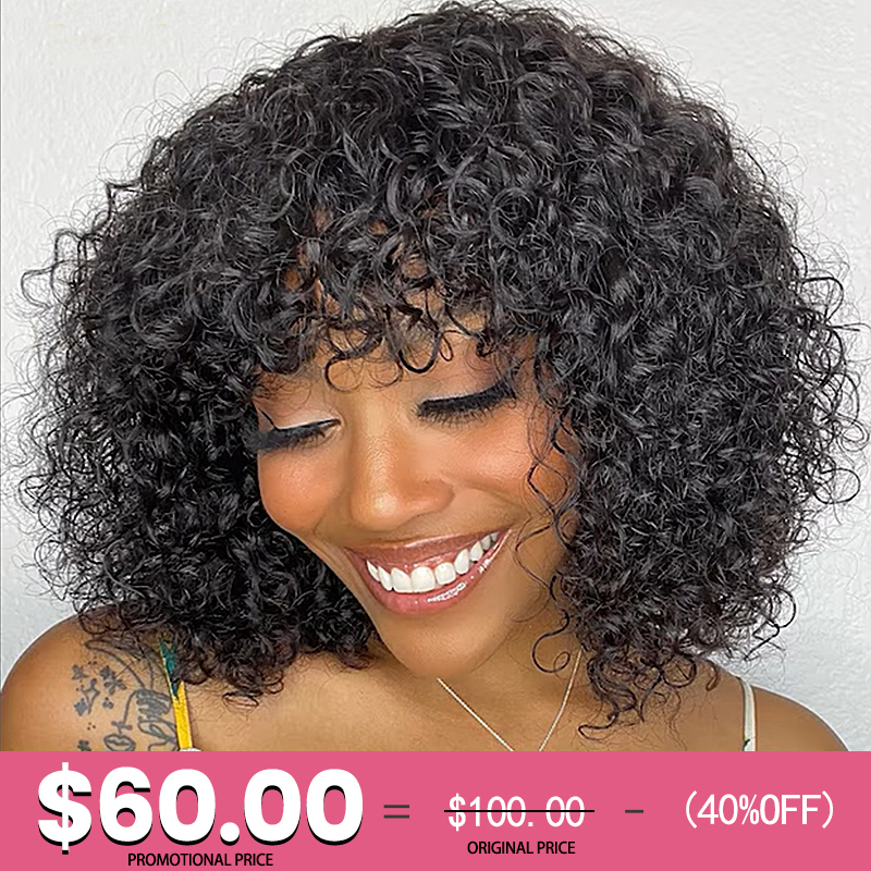 XYS Hair Water Wave Natural Black Bob Wig with Bangs Breathable Cap