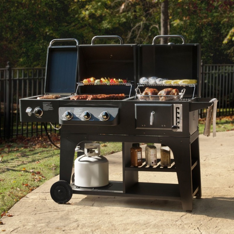 Custom Trolley Movable Commricial Charcoal and Gas BBQ Barbecue Combo Grill For
