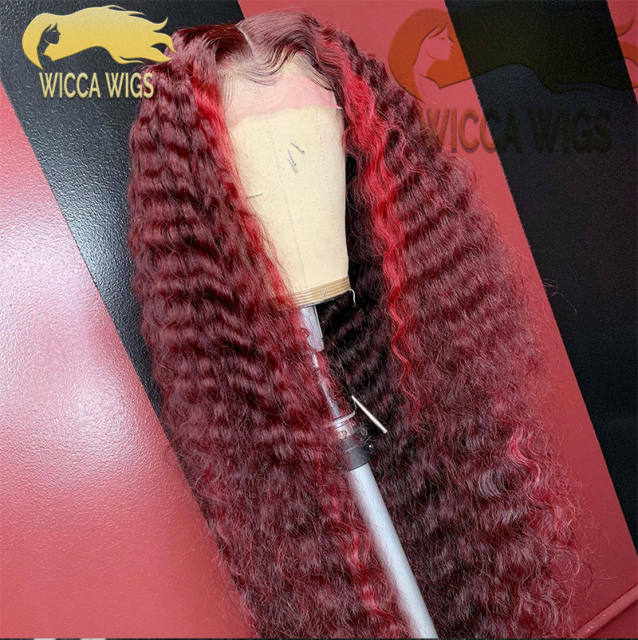 Wiccawigs Customized Lace Front Curly 99J with Red Highlights Wigs With Baby Hair Lace Wigs Pre Plucked Hairline