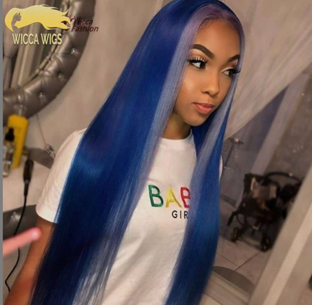 Wiccawigs Customized Blue Color Brazilian Lace Front Wigs With Light Blue Highlights