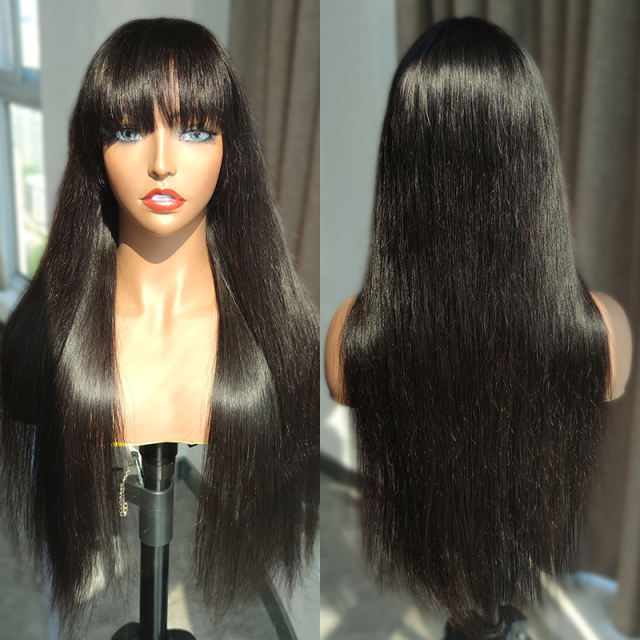 10A Silk Straight Virgin Human Hair With Bangs Glueless 13X4 Lace Front Wigs