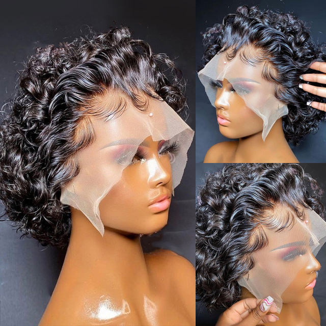 Gluless Pre Plucked Short Pixie Curly Bob Lace Front Human Hair Wig