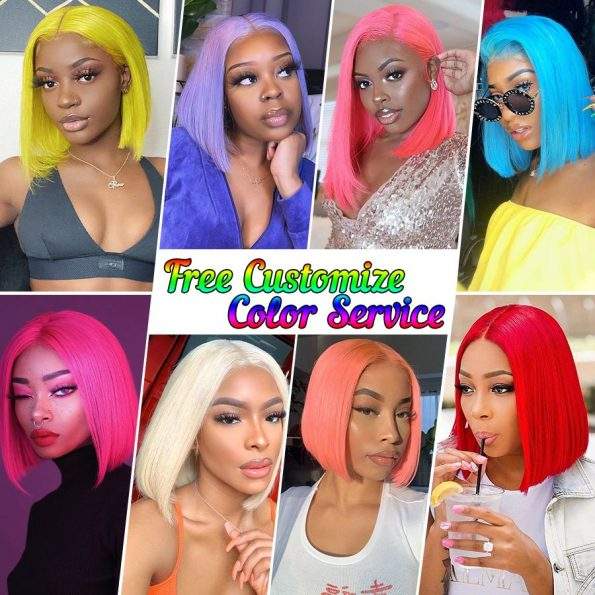 Wiccawigs Pink/Blue/Green/Yellow/Purple Color Lace Front Wig Short Bob Straight PrePlucked Brazilian Virgin Human Hair Wigs