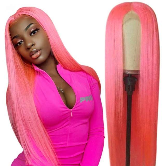 WICCA WIGS Light Pink 13X4 Lace Frontal Wigs Straight Grey Blue Purple Lace Front Human Hair Wig for Women