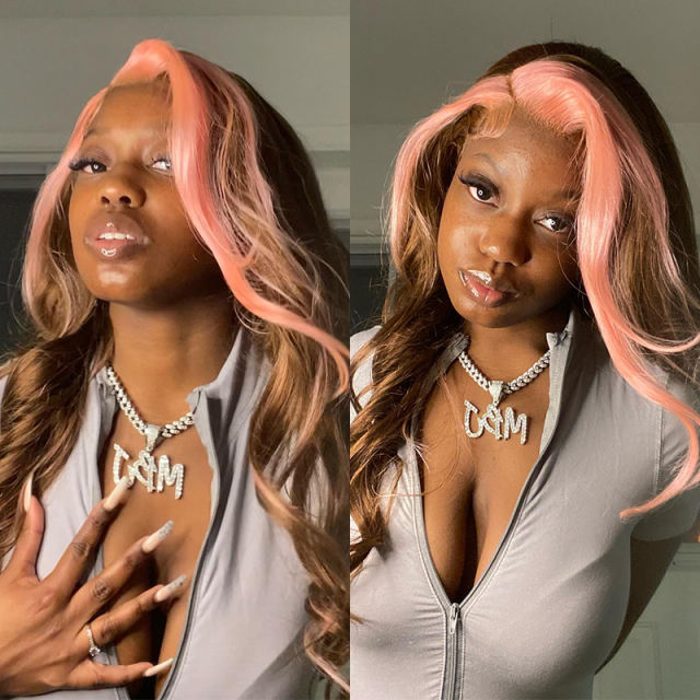 wiccawigs Light Pink Stunk Stripe Hair Transparent Lace Highlight Straight & Wavy Lace Front Wigs Virgin Human Hair