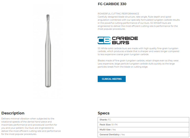 *SS WHITE FG-330 Dental Carbide Burs For High Speed Handpiece 10Pcs/Pack