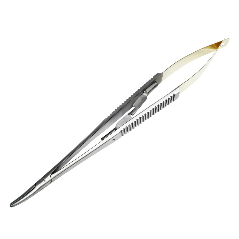 Dental Curved Forceps Needle Surgical Holder Bend Instruments Gold-Plated 16CM
