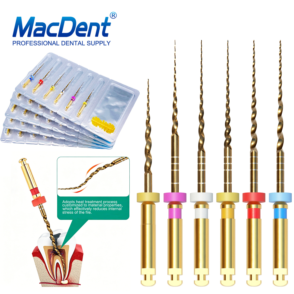 6Pcs MacDent Dental Dental Endo Rotary Files Gold Taper NITI Endodontic Files 19/21/25/31mm