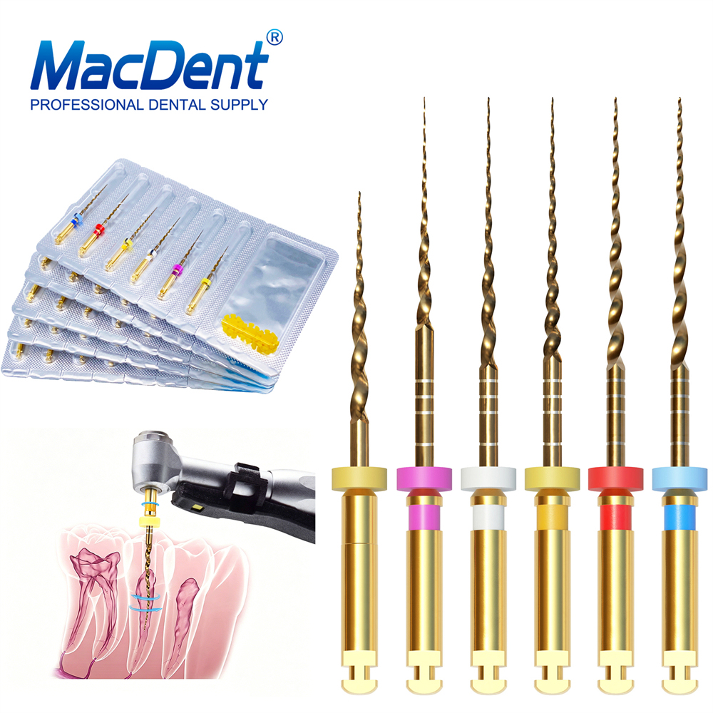 6Pcs MacDent Dental Dental Endo Rotary Files Gold Taper NITI Endodontic Files 19/21/25/31mm