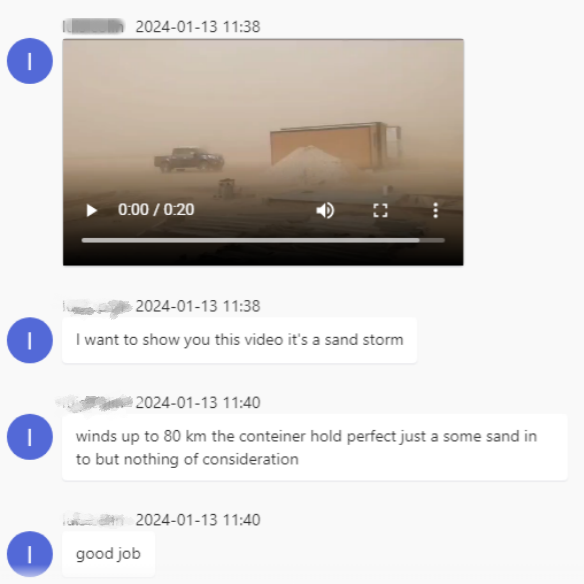 Real-time footage captured sandstorms with wind speeds<br />reaching up to 80 km/h at the project site.<br /><br />The expandable container house remained fully stable<br />with no structural damage.<br /><br />Customer confirmed:<br />only surface dust — no issues with the structure.