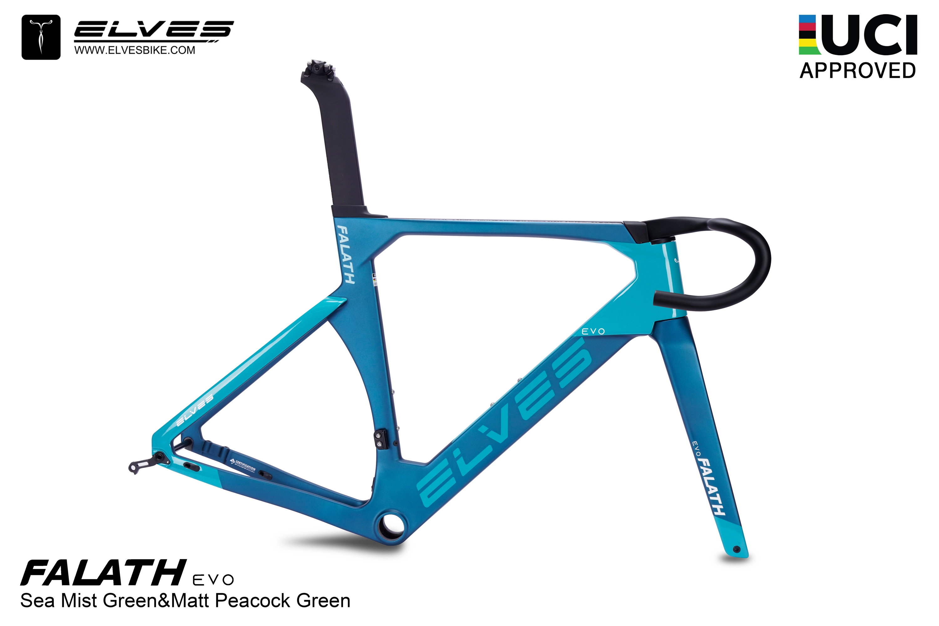 ELVES Falath EVO carbon road frameset in sea-mist green