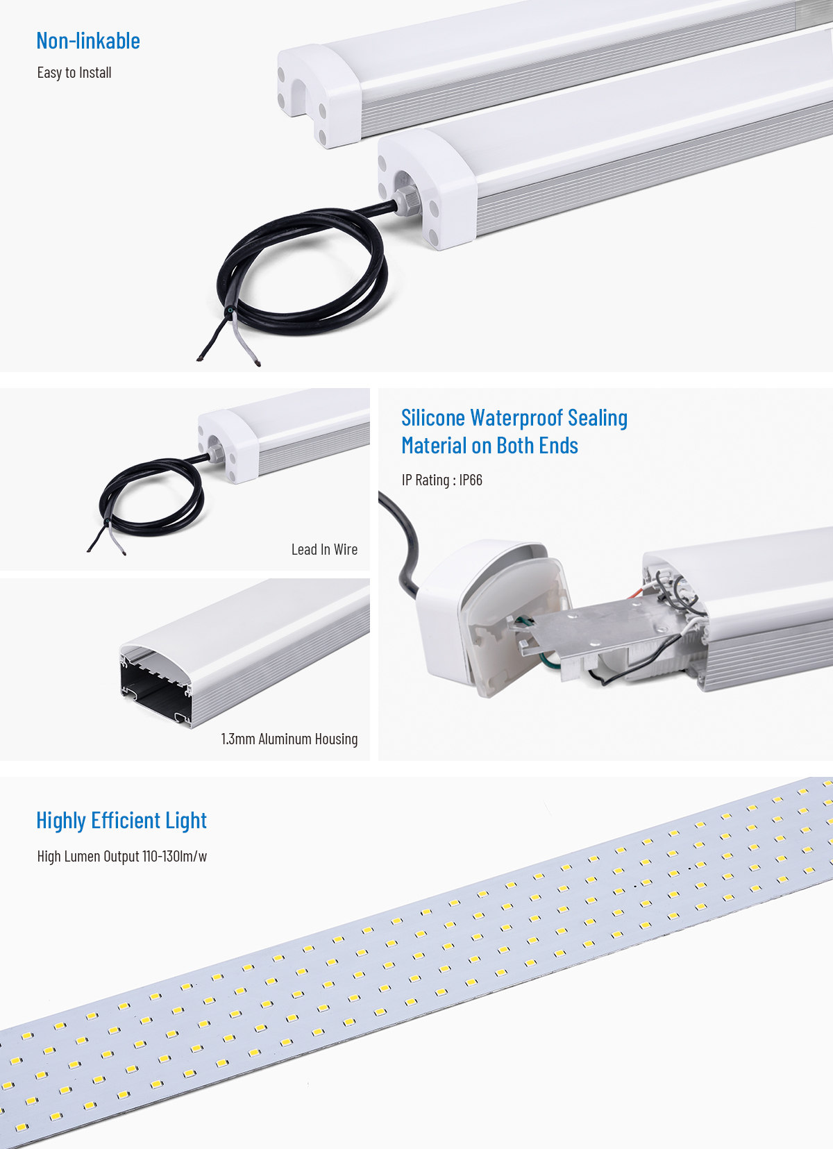 Linkable LED Tri-proof light IP66 40W 60W LED Shop lights 4ft 5ft