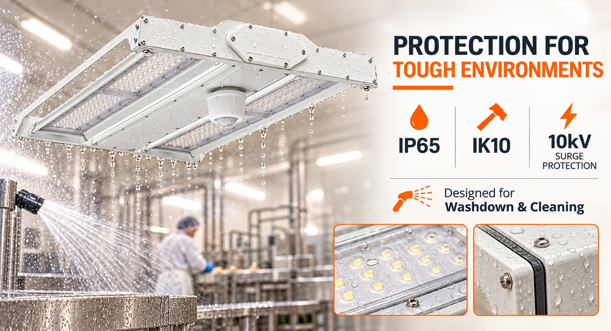 IP65 high-temperature LED high bay light for washdown and demanding industrial environments