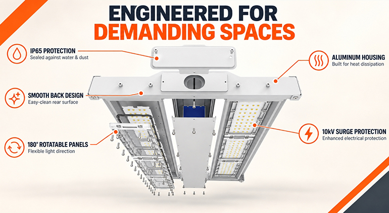 LONYUNG High-temperature LED high bay light with IP65 protection, aluminum housing, and 180-degree adjustable LED panels