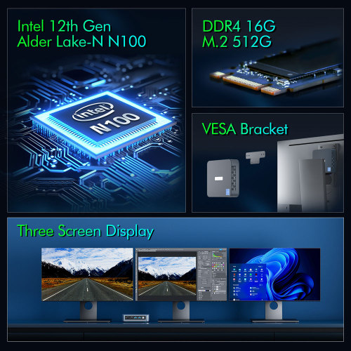 PELADN WI-6 Mini PC, Mini Desktop Computer with Intel 12th N100 Processor  (Max 3.4GHz), 16GB DDR4 RAM, 512GB SSD, 4K UHD  Resolution/WiFi/BT/USB-C/VESA