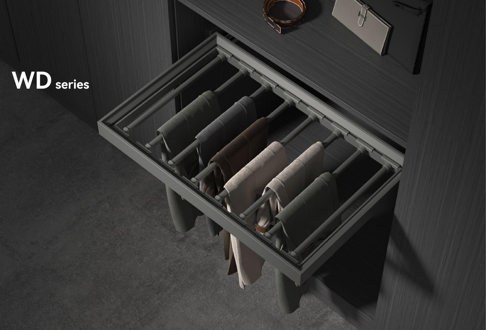 Milan Grey Red Functional Wardrobe Fittings Closet Soft Closing Storage Box For Wardrobe