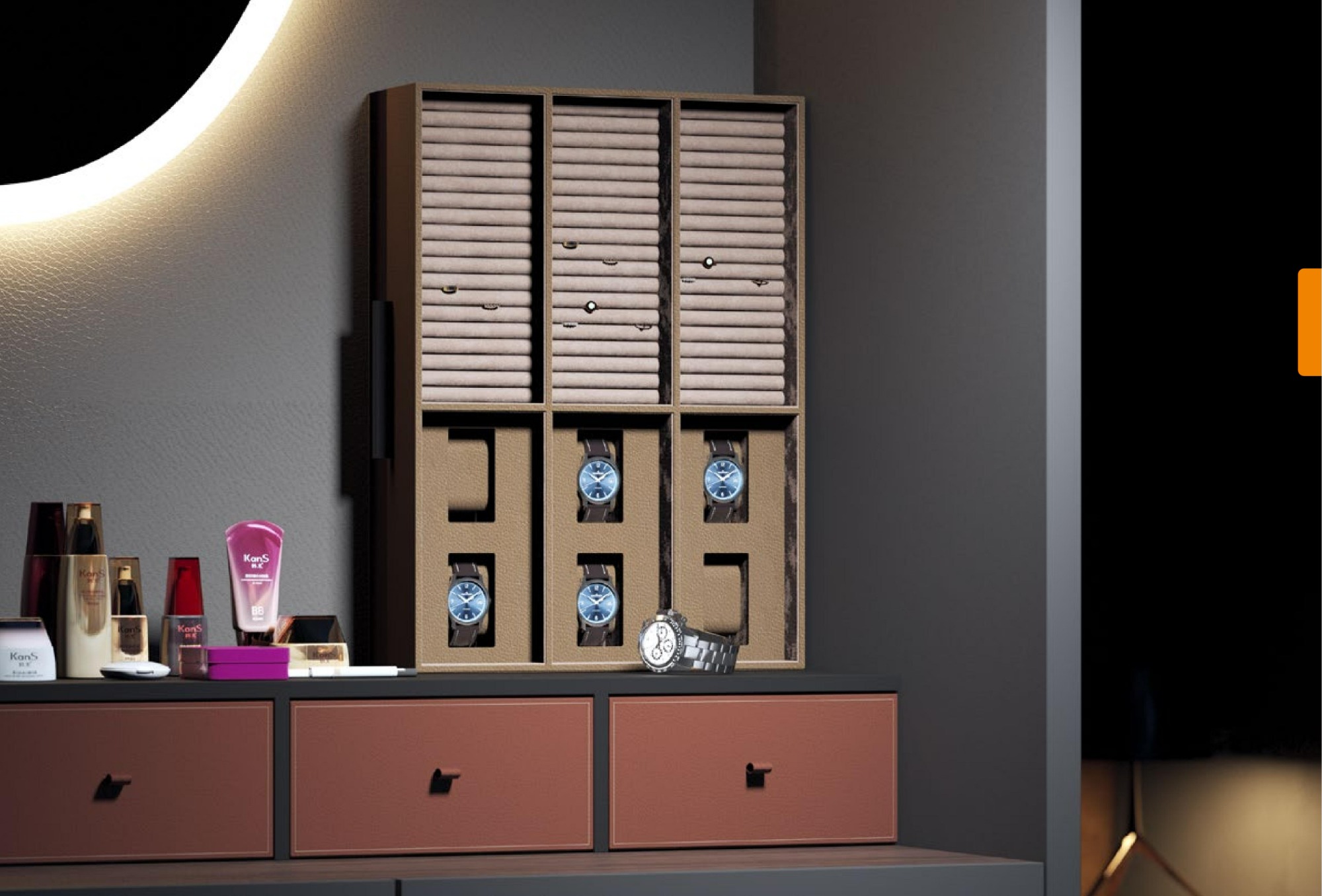 Modern Multifunctional Wardrobe Organizer Pull Out Sliding Drawer Leather Style Jewelry Box