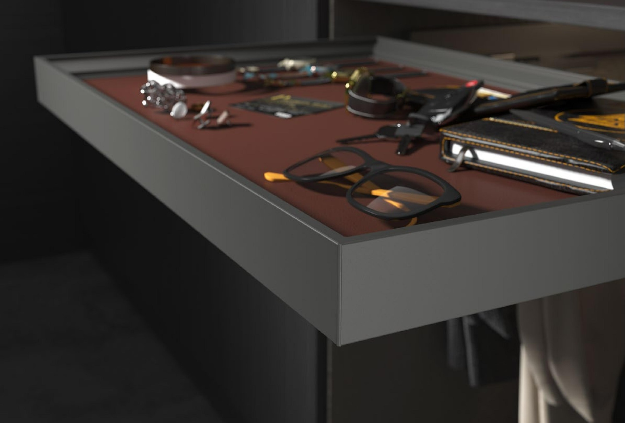 Milan Grey Red Functional Wardrobe Fittings Closet Soft Closing Storage Box For Wardrobe