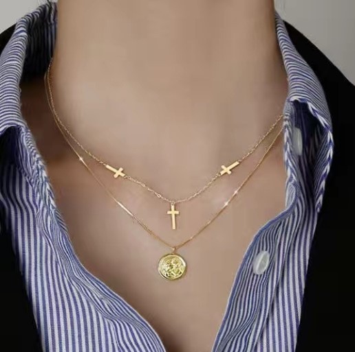 Side cross with pendant Multilayer Necklace