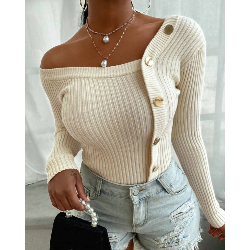 Open-Shoulders Button Sweaters